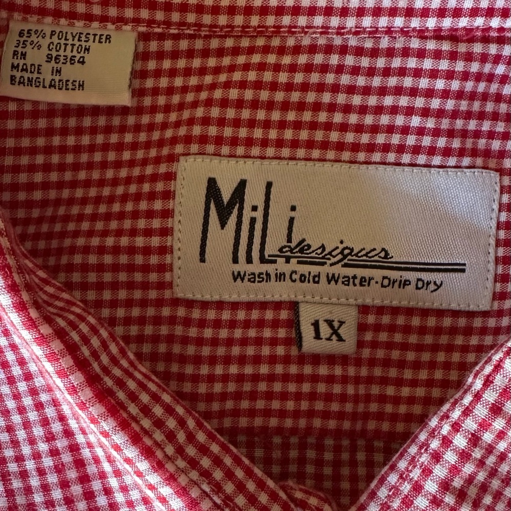 Mili Designs Red Christmas Gingham Santa Embellished Button Up Shirt Sz 1X - Picture 8 of 11